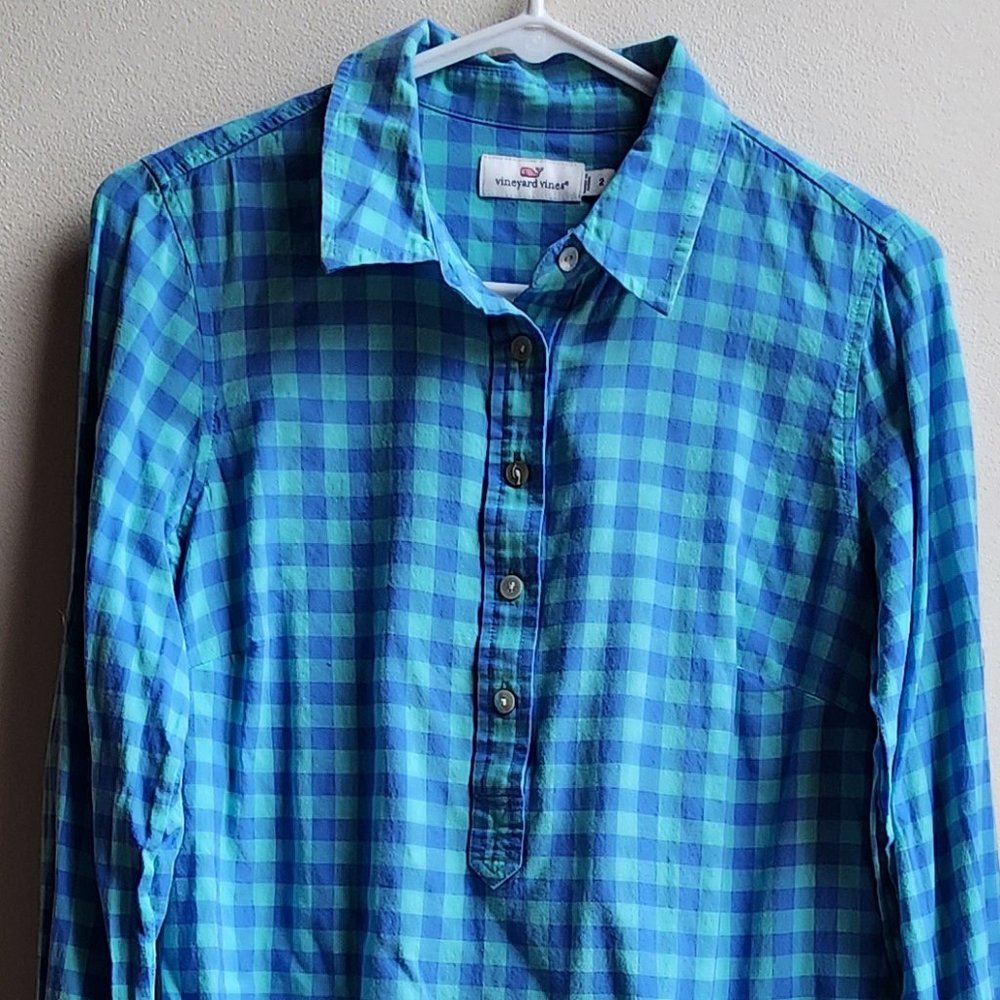 Vineyard Vines Blue Checked Half-Button Down Blou… - image 4